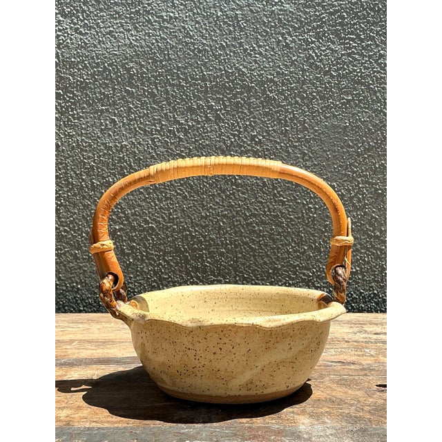 Vintage Rattan Handle Studio Pottery Bowl For Sale - Image 11 of 12