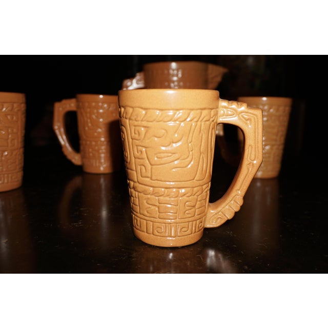 Vintage Spanish Revival Embossed Ceramic Pitcher & Four Mugs – 5 pcs For Sale In San Antonio - Image 6 of 9
