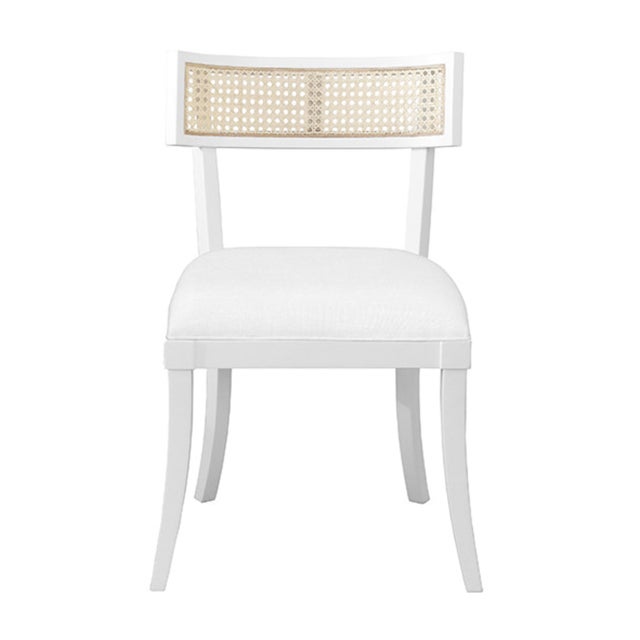 Textile Matthew Izzo Home Britta Matte White Lacquer Klismos Style Dining Chair With Woven Cane Back and White Linen Upholstered Seat For Sale - Image 7 of 7