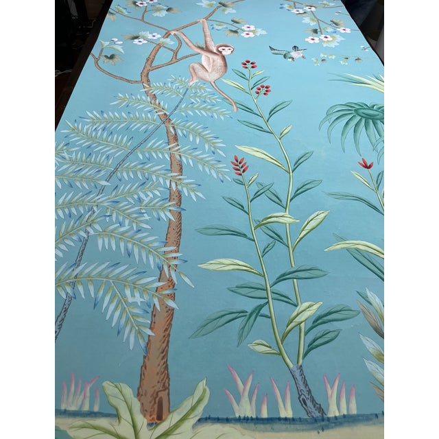 Hand Painted Teal Tropical Chinoiserie Jungle Monkey Floral Mural 4-Panel Set For Sale - Image 4 of 6