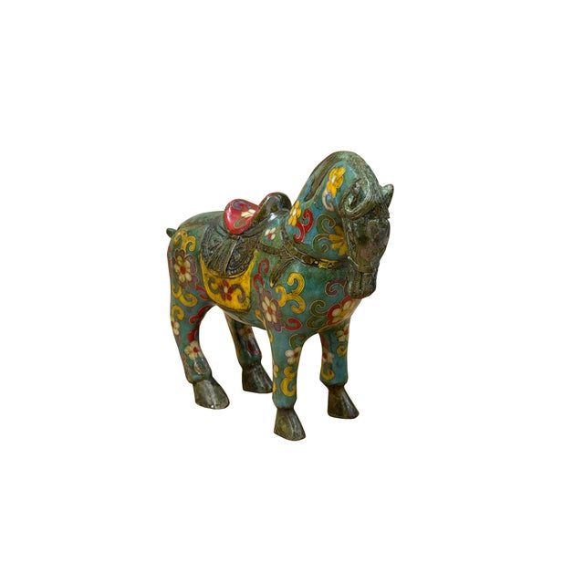 Vintage Chinese Turquoise Blue Flower Cloisonné Enamel Horse Statue For Sale - Image 4 of 12