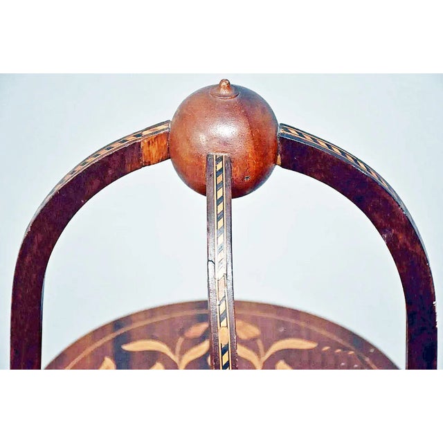 Unusual round 3 legged, 3 shelf display etegere unit, parquetry and marquetry inlay throughout. C. 1900.