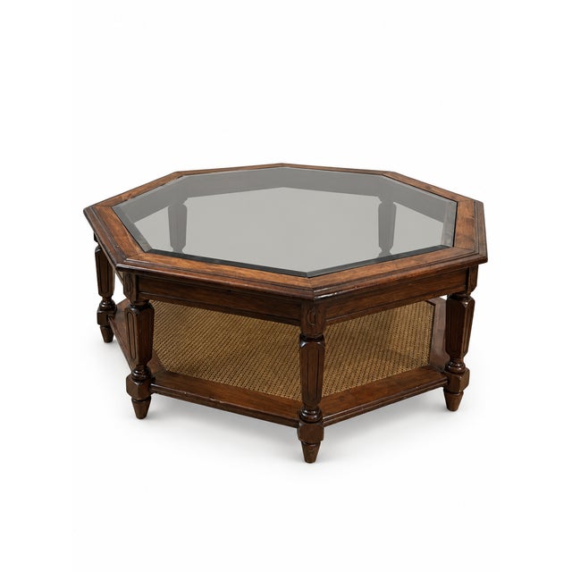 Vintage Hexagonal Wood, Smoked Glass and Cane Coffee Table For Sale In Las Vegas - Image 6 of 10