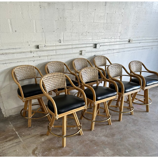 Set of Eight McGuire Swivel Rattan Bar Stools | Chairish