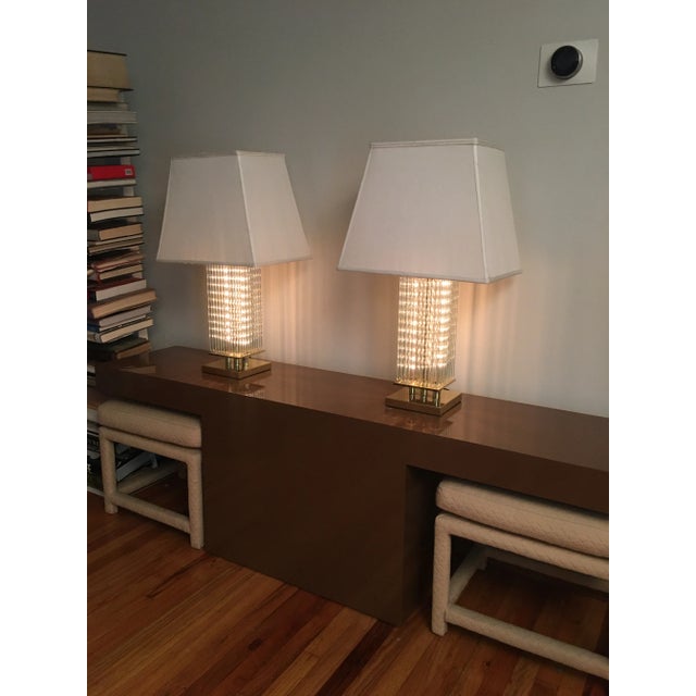 Pair of brass-finish lamps by Gaetano Sciolari. Light can be used three ways; bulb in shade, light in base or both....