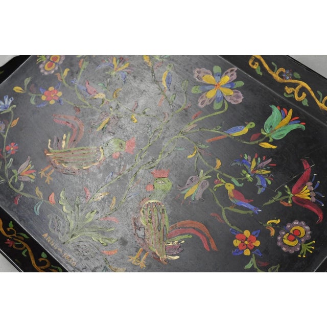 Vintage Lida Bell Clark French Country Pa Dutch Hand Painted Toleware Metal Tray For Sale - Image 11 of 16
