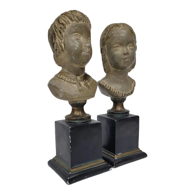 Antique Terracotta Italian Signed Pierra Pair of Boy & Girl Sculpture Bust Statues Italy For Sale