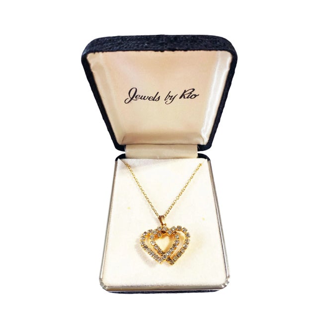 Metal Gold Tone and Rhinestone Interlocked Hanging Hearts Pendant Jewels by Rio For Sale - Image 7 of 8