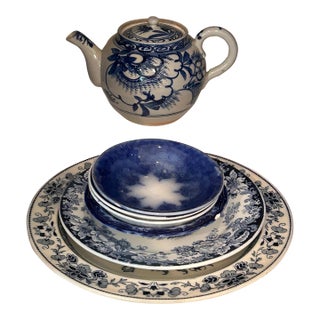 Vintage Blue & White Transferware Set - 7 Pieces - Mismatched Chinoiserie Plates & Teapot For Sale