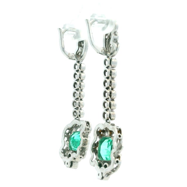 Vintage Platinum Emerald & Diamond Drop Earrings, 4 Carat Emeralds, A Pair For Sale - Image 4 of 9