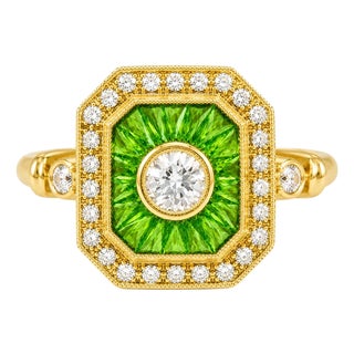 14K Yellow Gold White Sapphire Tsavorite Diamond Mosaic Ring Art Deco Estate For Sale