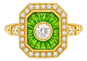 14K Yellow Gold White Sapphire Tsavorite Diamond Mosaic Ring Art Deco Estate