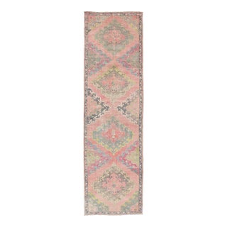 Colorful Vintage Hand Knotted Turkish Oushak Runner in Muted Tones For Sale