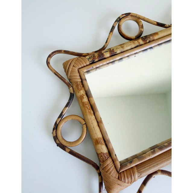 Wood 1960s Italian Riviera Style Burnt Bamboo Rattan Wall Mirror With Scalloped Frame For Sale - Image 7 of 10