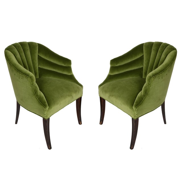 Pair of Art Deco Style Green Velvet Barrel Chairs Chairish