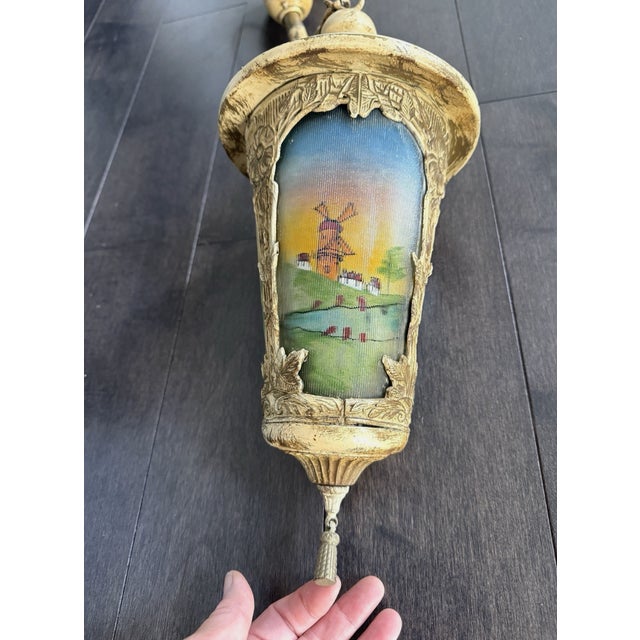 Metal Reverse Painted Windmill Scene Glass Paneled Hanging Lantern or Pendant Light 16x7" (Light Only) For Sale - Image 7 of 10