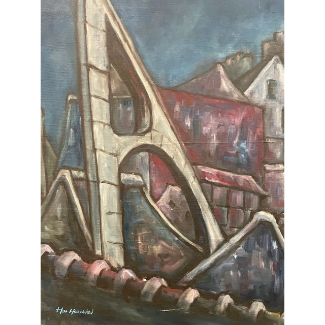 Abstract Modern Industrial Scene Original Painting "Rooftops" Attributed to Artist Maggie Hsun-Wei Hsu For Sale - Image 4 of 9