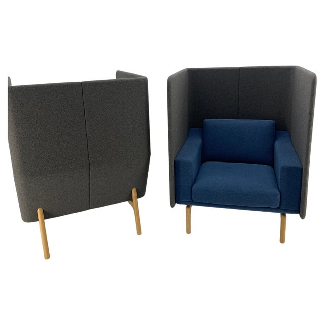 Pair Mid Century Modern Wingback Lounge Chairs Blue Grey Wool Upholstery MINT! For Sale - Image 11 of 18