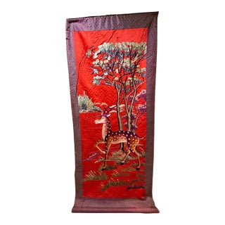 Vintage Large Chinese Red Silk Hand-Embroidered Deer & Pine Tree Longevity Tapestry - 7' X 3' For Sale