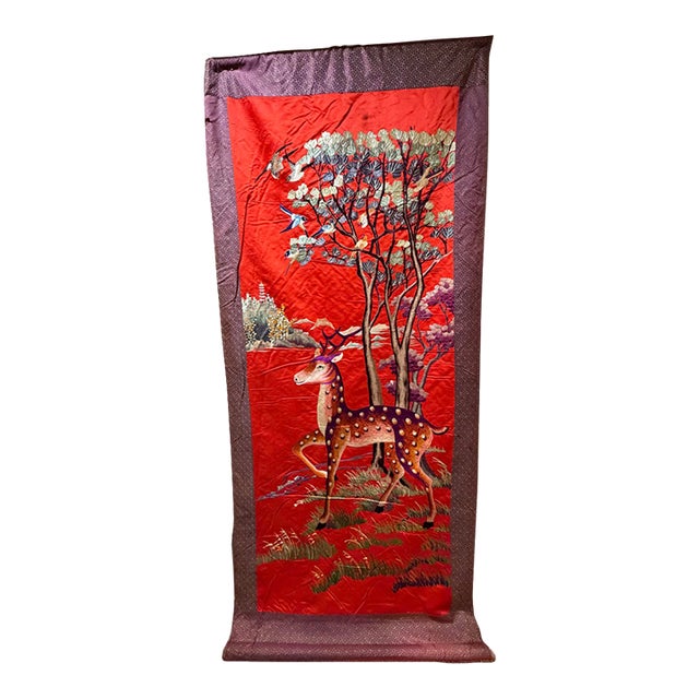 Vintage Large Chinese Red Silk Hand-Embroidered Deer & Pine Tree Longevity Tapestry - 7' X 3' For Sale