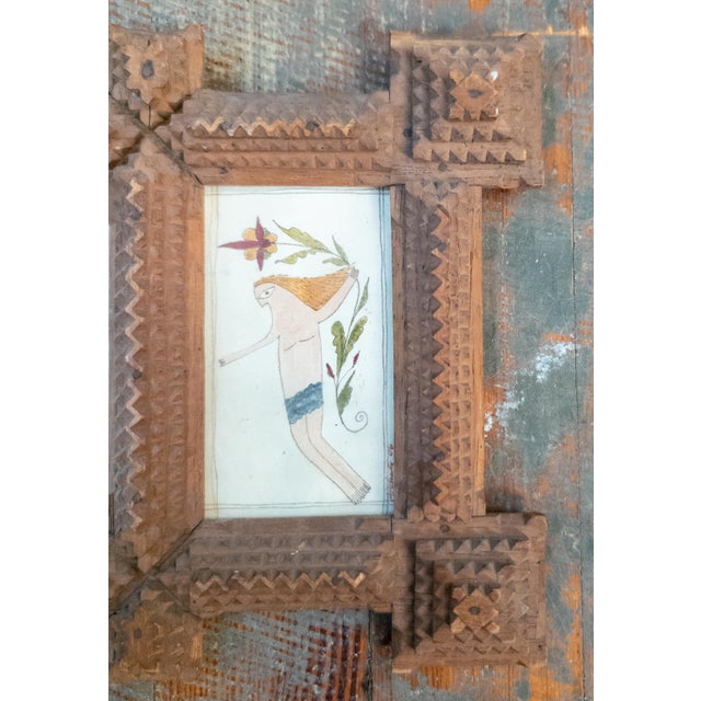 Traditional Early 20th Century Folk Art Tramp Art Double Picture Frame With Watercolors For Sale - Image 3 of 15