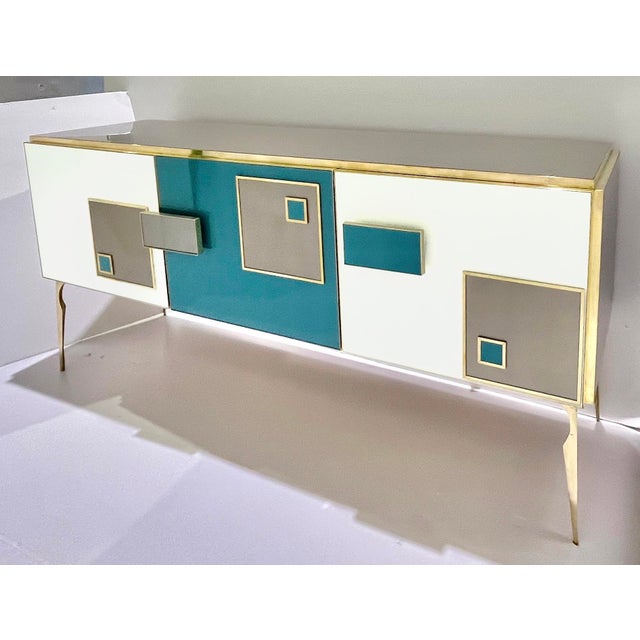 Ivory Modern Italian Ivory Gray Teal Blue Geometric Postmodern Brass Cabinet Sideboard For Sale - Image 8 of 11