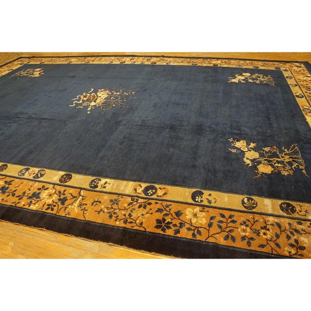 Textile 1920s Large Size Blue Solid Open Field Antique Peking Chinese 11' 9"x 17' 3" Rug For Sale - Image 7 of 9
