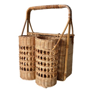 1970s Bamboo and Wicker Wine Bottle Picnic Basket, Vintage Rattan Palm Beach Style For Sale