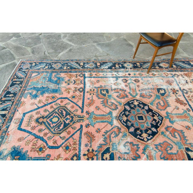 Textile Antique Coral Navy Distressed Geometric Design Large Wool Pile Hand Knotted Rug - 7'6" X 11’3” For Sale - Image 7 of 10