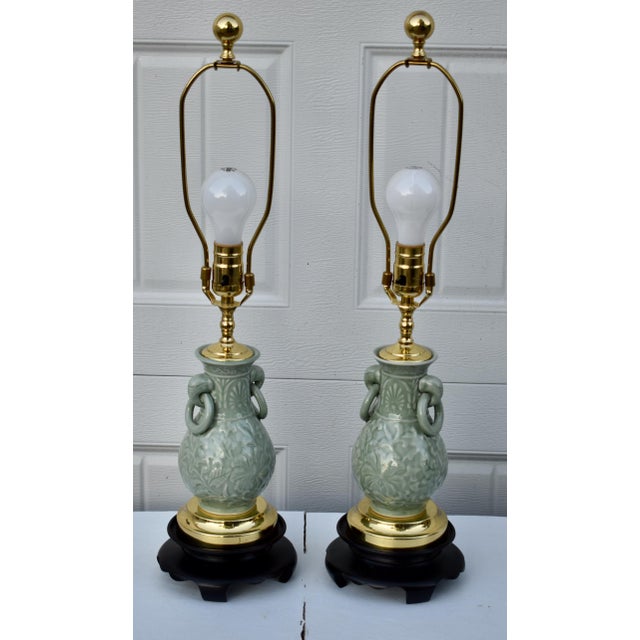 Vintage (1960's) Pair of Table Lamps have a Mid Century Chinese Vase Style. Celadon Porcelain with a Wood Base. Electric -...