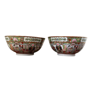 Antique Chinese Rose Medallion Punch/Serving Bowls – A Pair, 12” Diameter (C. 1880–1920)