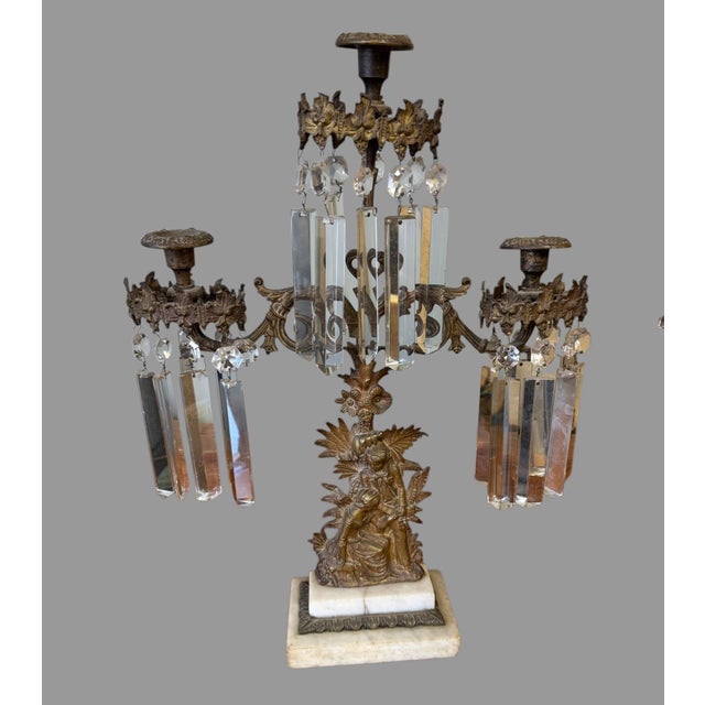 Victorian Antique Victorian Figural Girandole Candelabra Set With Prisms - Three Piece Set For Sale - Image 3 of 12
