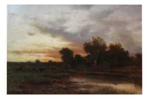 Franz Reder-Broili, Dachauer Moos with Deer in the Evening Twilight, 19th Century, Oil on Canvas, Framed