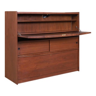 Mid-Century Modern Walnut Drop-Front Dry Bar Cabinet With Shelving For Sale
