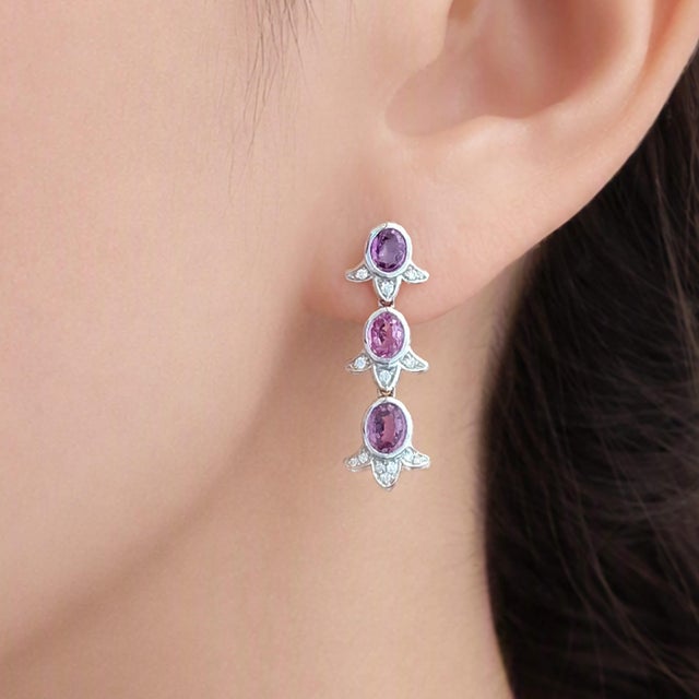 Contemporary Oval Pink Sapphire and Diamond 18 Karat White Gold Bluebell Drop Earrings - Fei Liu, Pair For Sale - Image 3 of 3