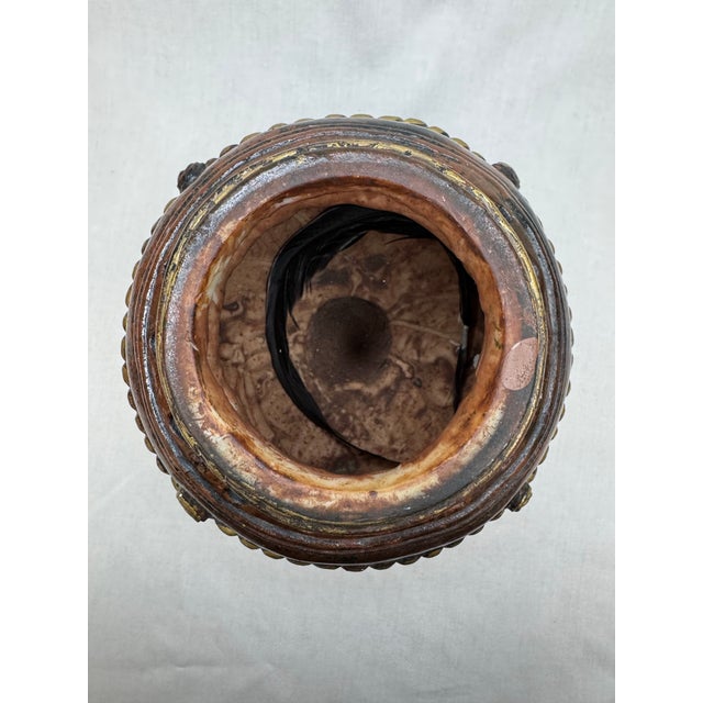 Vintage Italian Renaissance Style Glazed Ceramic Embossed Urn, Gold & Brown For Sale - Image 11 of 12