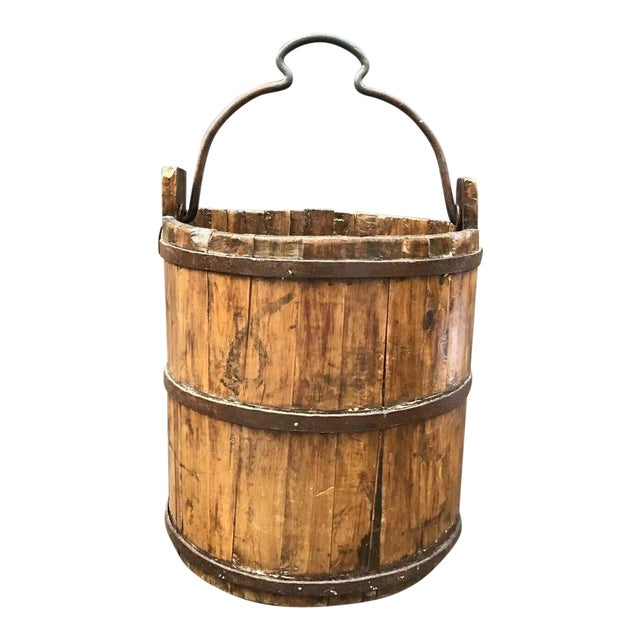 Antique Rustic Wooden Well Water Bucket Cast Iron Handle Chairish