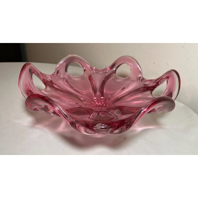 Vintage Hand Blown Pink Red Glass Italian Centerpiece Footed Bowl Murano For Sale - Image 4 of 12