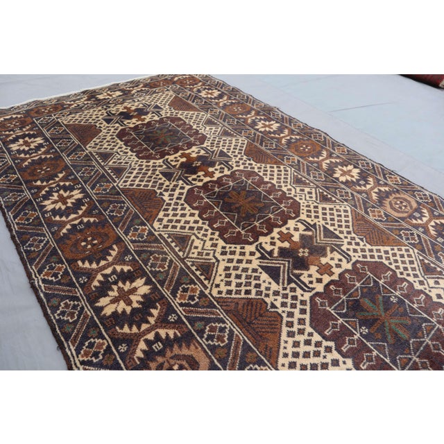 Islamic Vintage Afghan Baluch Hand-Knotted Rug 3'6" X 6'7" – Turkmen Tribal Geometric Carpet For Sale - Image 3 of 7