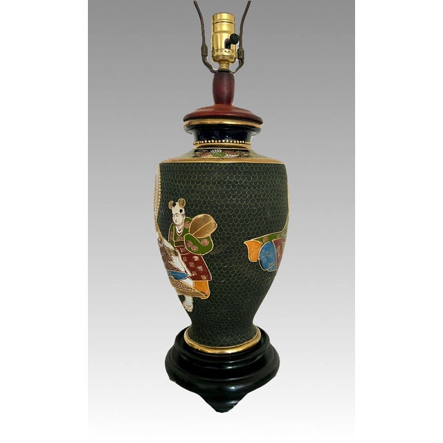 Japanese Large Japanese Satsuma 'Moriage' Black and Gold Kannon Table Lamp, Signed For Sale - Image 3 of 12