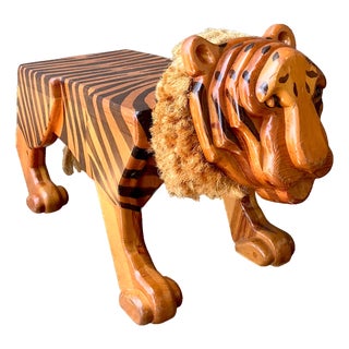 Vintage Handcrafted Wood and Jute Tiger Stool For Sale