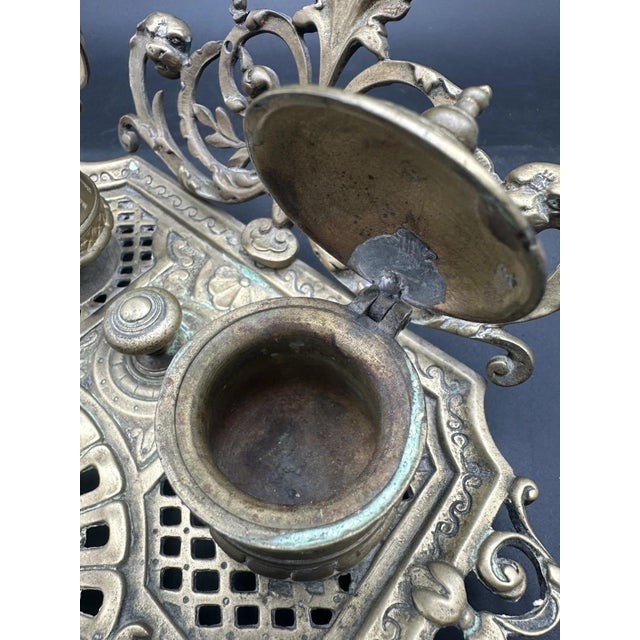 Antique Double Inkwell Ornate Brass Figural Lion Head Beast Mythical Scroll For Sale - Image 14 of 16
