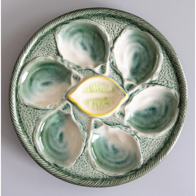 Antique French Saint Clément Majolica Blue Green & Yellow Lemon Wedge Oyster Plate For Sale In Houston - Image 6 of 6
