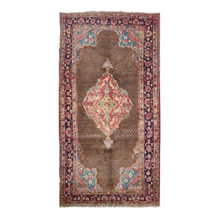 Camel Hair Vintage Persian Serab Rug in Brown, Red, Turquoise and Dark Blue For Sale