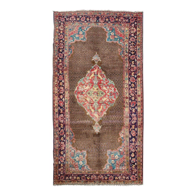 Camel Hair Vintage Persian Serab Rug in Brown, Red, Turquoise and Dark Blue For Sale