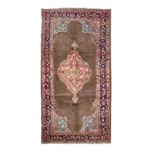 Camel Hair Vintage Persian Serab Rug in Brown, Red, Turquoise and Dark Blue