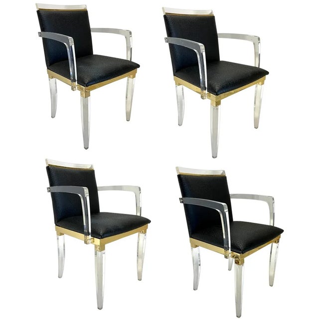 Set Four Vintage French Maison Romeo Brass, Lucite and Ostrich Leather Armchairs For Sale - Image 12 of 12