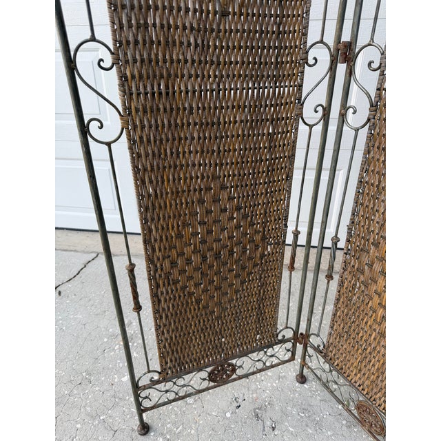 1980s Vintage Wrought Iron & Woven Rattan Folding Room Divider Screen For Sale - Image 5 of 12