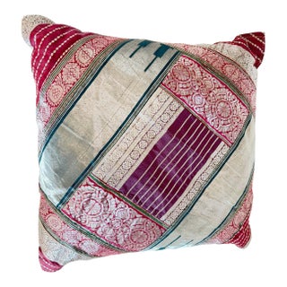 One-of-a-Kind Indian Silk Sari Pillow, Metallic Zari Embroidery, 1980 For Sale