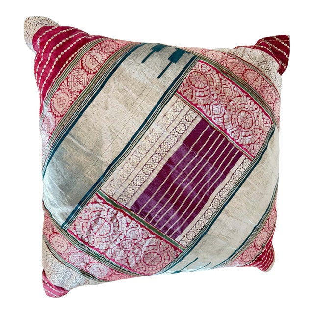 One-of-a-Kind Indian Silk Sari Pillow, Metallic Zari Embroidery, 1980 For Sale